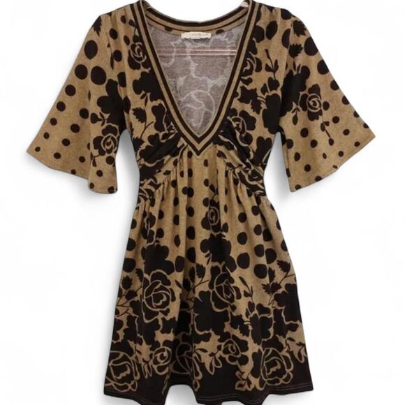 Vintage Forever 21 Y2K Neutral Tan & Black Mixed Media Knit Babydoll Mini Dress - Picture 2 of 9